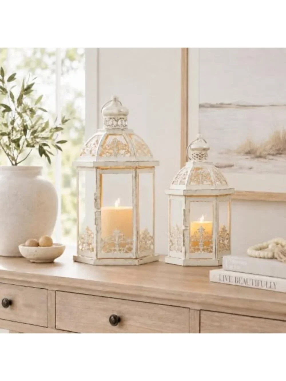 Set of 2 Beige Metal Lanterns for Indoor & Outdoor Decor - Candle Holders for
